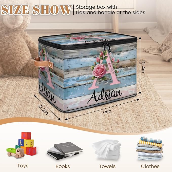 Custom Initials Wood Flower Storage Bins with Lid, Foldable Personalized Storage Basket Boxes with Handle Shelf Basket Closet Organizer Cube