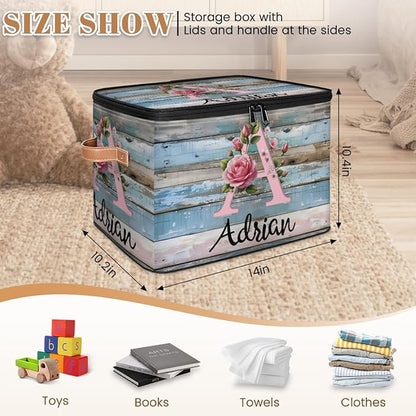 Custom Initials Wood Flower Storage Bins with Lid, Foldable Personalized Storage Basket Boxes with Handle Shelf Basket Closet Organizer Cube