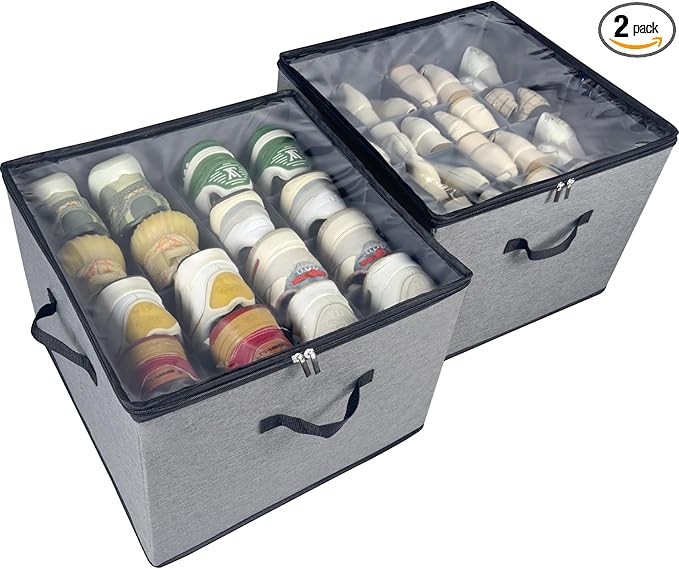 2 Pack Shoe Organizer, Shoe Storage Box with Clear Cover, Adjustable Dividers Fits 16-32 Pairs Shoe Boxes, Organizador de Zapatos, Grey