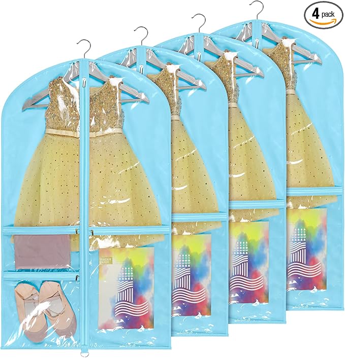 Univivi 40 Inch Girls Garment Bags for Dance Costumes, Dance Competition Garment Bag with 3 Medium Clear Zipper Pockets for Dance Essentials and Accessories, Dance Shoes (Blue) - 4 Pack, UN0752