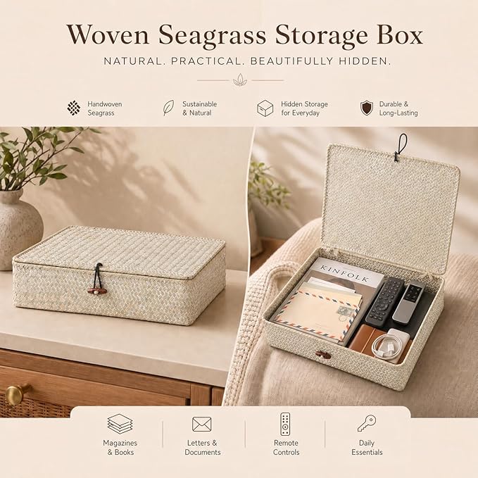 YANGQIHOME Set of 2 Seagrass Baskets with Lids, Rectangular Woven Storage Baskets, Natural Wicker Basket Boxes for Coffee Table, Shelf, Bathroom Counter & Closet Decor (Whitewashed, Set of 2)
