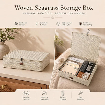 YANGQIHOME Set of 2 Seagrass Baskets with Lids, Rectangular Woven Storage Baskets, Natural Wicker Basket Boxes for Coffee Table, Shelf, Bathroom Counter & Closet Decor (Whitewashed, Set of 2)
