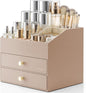 VLANDO Makeup Organizer for Vanity,Large Capacity Countertop Organizer with Drawers, PU Leather Cosmetic Display Case for Lipstick,Brushes,Skincare,Bedroom Storage (Toffee)