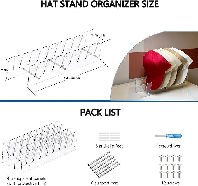 CARUUYI Hat Stand Organizer for Baseball Caps, Acrylic Hat Holder & Rack, 2PCS Clear Stand for 16 Caps, Ideal for Bedroom, Closet, Dresser, Office and Entrance (5, Clear)