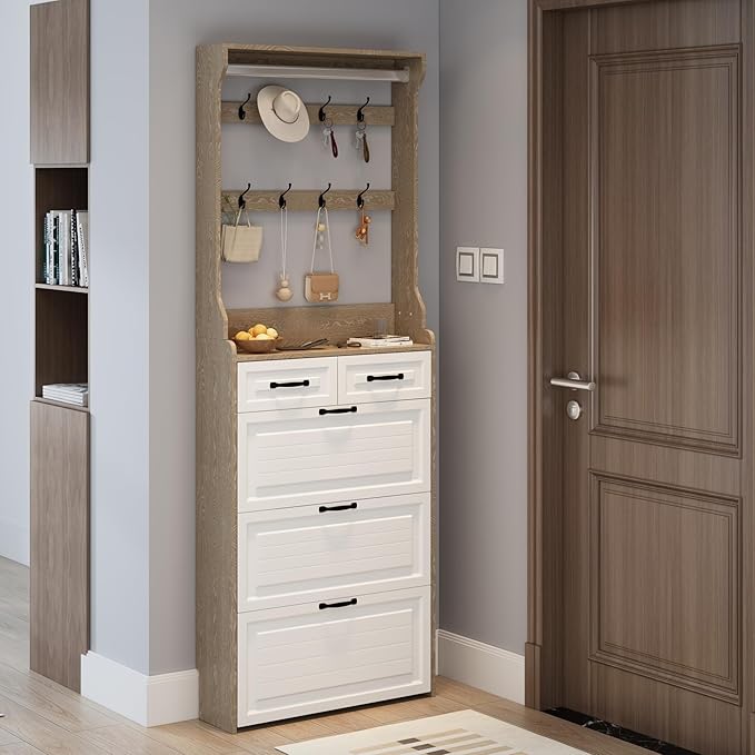 Vibe & Dine Shoe Cabinet, Entryway Shoe Storage Cabinet with 3 Flip Doors and 2 Drawers, 2-in-1 Wooden Shoe Rack Organizer with Coat Hooks for Hallway Cloakroom, Oak Color