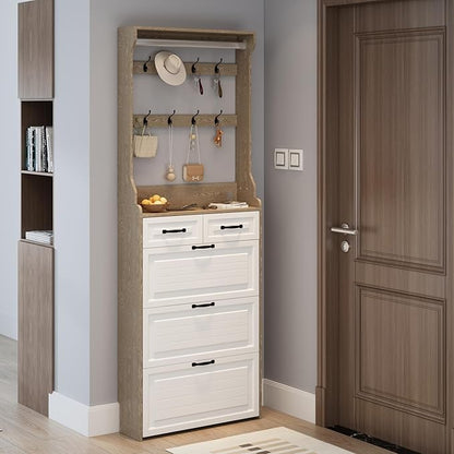Vibe & Dine Shoe Cabinet, Entryway Shoe Storage Cabinet with 3 Flip Doors and 2 Drawers, 2-in-1 Wooden Shoe Rack Organizer with Coat Hooks for Hallway Cloakroom, Oak Color