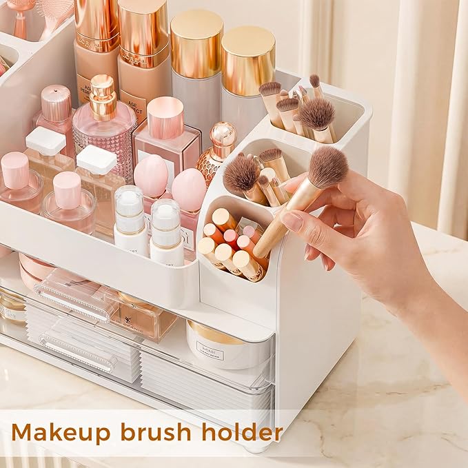 Makeup Organizer for Vanity with Drawers, Large Countertop Makeup Organizer - Skincare Storage, Brush Holder, Perfume & Cosmetics Display Case (White)