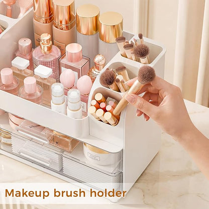 Makeup Organizer for Vanity with Drawers, Large Countertop Makeup Organizer - Skincare Storage, Brush Holder, Perfume & Cosmetics Display Case (White)