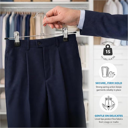ZOBER Metal Pants Hangers with Clips - Pack of 20 Space Saving Skirt Hangers for Women - Chrome, Non-Slip, Adjustable Clips, for Pants, Skirts, Jeans Closet Organization, College Dorm Essentials