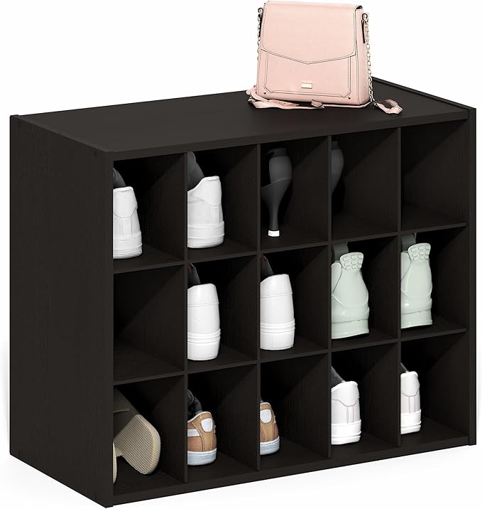 Furinno FANO Shoe Rack, 15-Cube Shoe Organizer, Stackable Shoe Storage, 11.4 x 24.2 x 19.3, for Closet Entryway, Office, Garage, Black Dark Oak