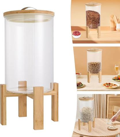 DYNAMI 8L/2.1Gal Glass Rice Storage Container with Airtight Lid,Glass Grain Container with Wood Stand and Thermometer,for Kitchen Organization Pantry Store