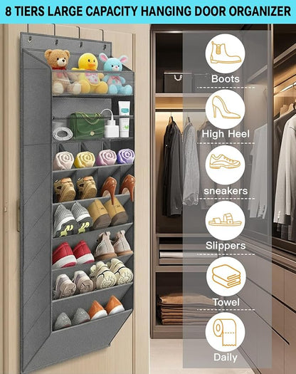 Over The Door Shoe Storage Organizer, 8 Tiers Hanging Shoe Rack Behind Door Shoe Holder with 6 Large Deep Pockets 8 Small Pockets, Narrow Shoe Rack for Closet Bedroom Bathroom Nursery RV Dorm, Grey