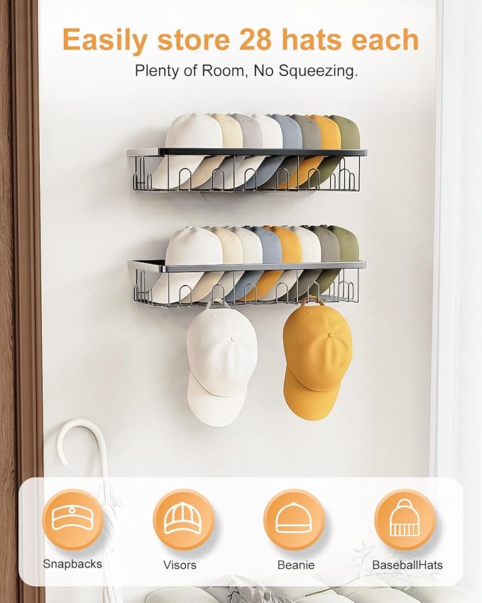 4 Pack Hat Rack for Wall Holds 112 Caps Hat Organizer for Wall Mounted Hat Holder on Wall Hat Organizer for Baseball Caps Hat Storage for Baseball Hats Closet Bedroom Kitchen Bathroom Black