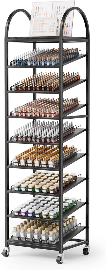 OmySalon Rolling Nail Polish & Powder Display Stand - 8 Tier Mobile Nail Salon Organizer Rack with Wheels, Holds 600 Bottles & 240 Jars for Nail Artists, Salon Display, Retail Store (Black)