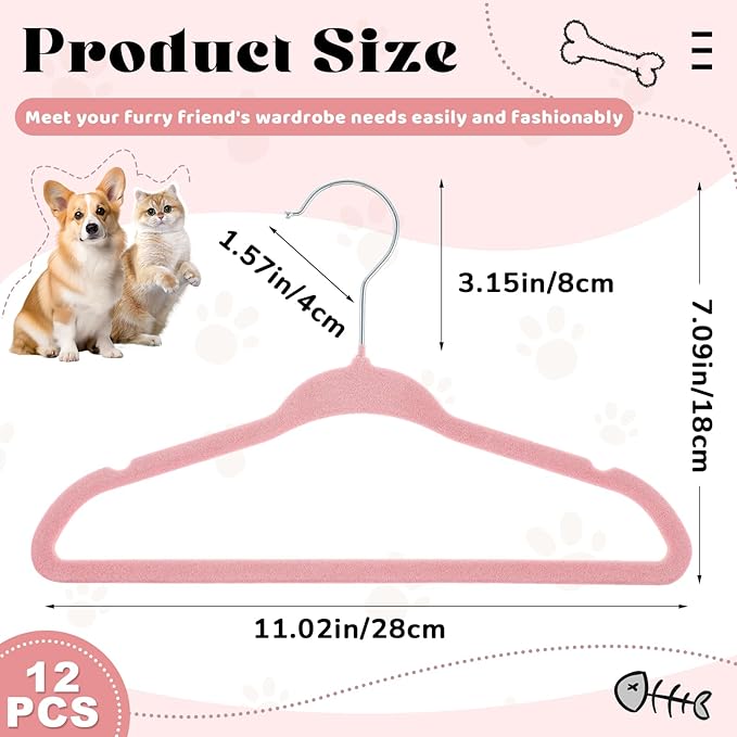 Weysat 12 Pcs Pink Dog Clothes Hangers 11'' Non-Slip & 360° Swivel Velvet Small Pet Hangers for Cats/Dogs with Rustproof Metal Hooks, Space-Saving for Home Storage & Grooming Salons Minimalism
