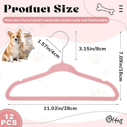 Weysat 12 Pcs Pink Dog Clothes Hangers 11'' Non-Slip & 360° Swivel Velvet Small Pet Hangers for Cats/Dogs with Rustproof Metal Hooks, Space-Saving for Home Storage & Grooming Salons Minimalism