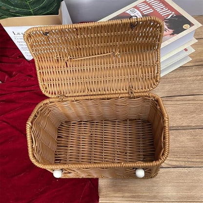 Rattan House Shape Storage Basket with Lid, Small Doll House, Decorative Hand Woven Shelf Organizer with Handle, Natural Harvest Wicker Basket for Picnics, Organizing, Storage (B, 1)