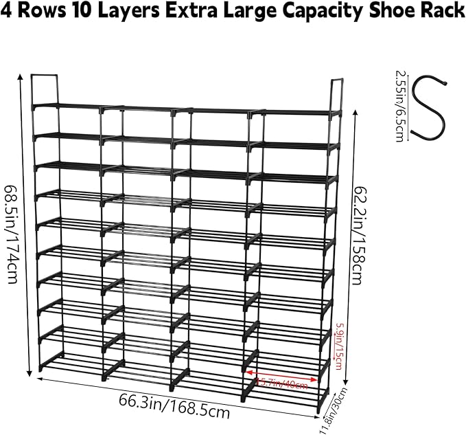 Extra Large Shoe Rack – 4 Columns × 10 Tiers, Holds Up to 72–80 Pairs – Heavy-Duty Stackable Metal Shoe Organizer for Entryway, Closet, Garage