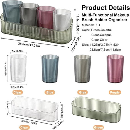 DASITON Makeup Brush Holder Organizer with 4 Cup, Vintage Striped Make Up Brush Holder for Vanity, Bathroom Toothbrush Holders, Acrylic Cosmetic Brushes Storage Organizer Pen Holder (Green+Multicolor)
