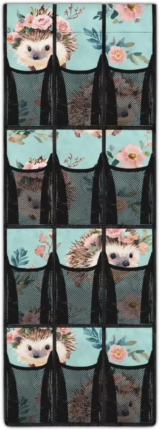 Hedgehog Flower 12 Pocket Over the Door Shoe Organizer,Reusable Breathable Large Mesh Bag Men's & Women's Sneaker Organizer,Shoe Organizer for Kids,Hanging Shoe Storage Hanging Bag