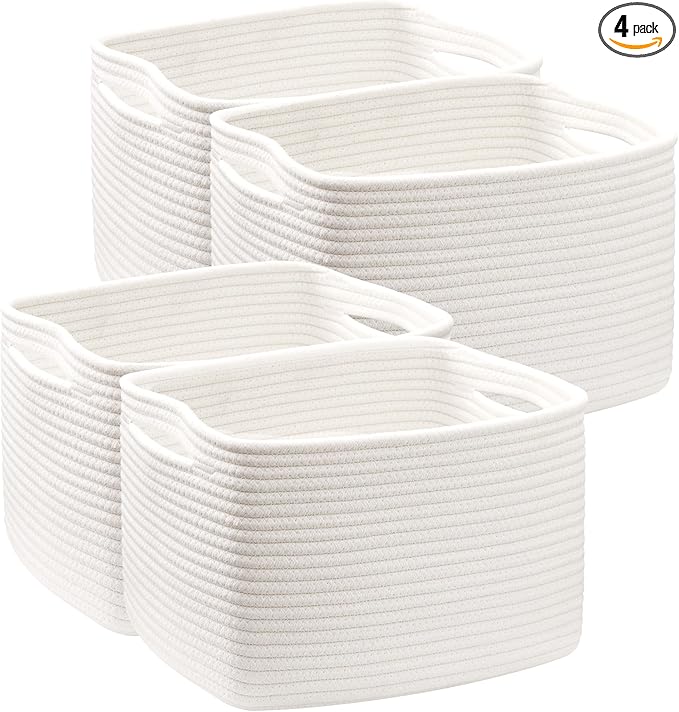Storage Baskets for Shelves White Rope Basket for Organizing 4 Pack Rectangle Toy Bins for Nursery 12.7"Lx9"Wx7.9"H