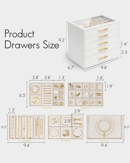 VLANDO 5 Layer Jewelry Box for Women, Glass Lid Jewelry Organizer with 5 Drawers for Necklaces Rings Earrings Bracelets - White