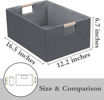Foldable Fabric Storage Cubes, 2 Packs Cloth Storage Baskets with Wooden Handles, Collapsible Shelf Closet Organizer Bins, Rectangular Storage Boxes for Decor (Gray 2 Pack)