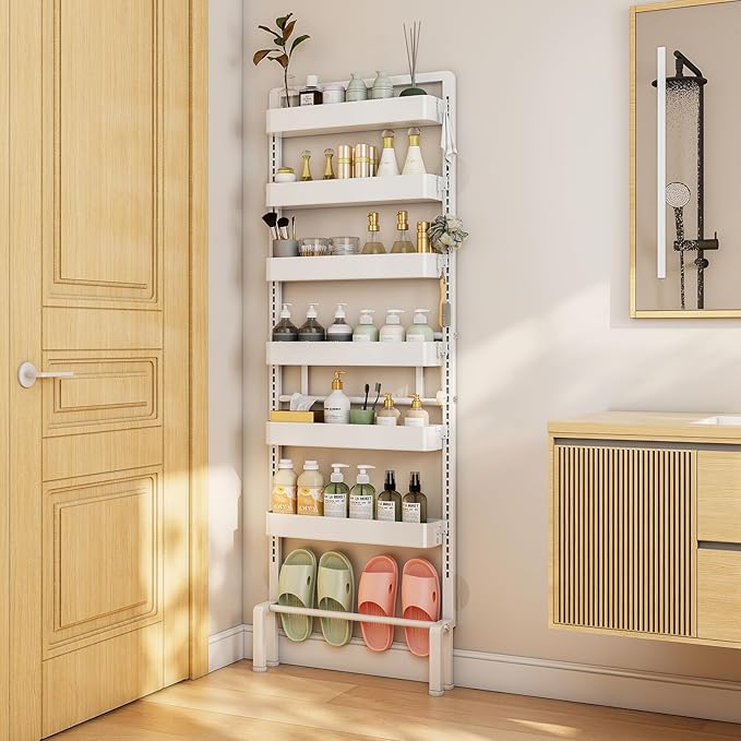 ABCOOL Behind Door Storage Organizer Rack, 6 Tier Adjustable Hanging Baskets Free Standing Thin Metal Space Savers Room Storage Organizers, Back of Door Heavy Duty Storage