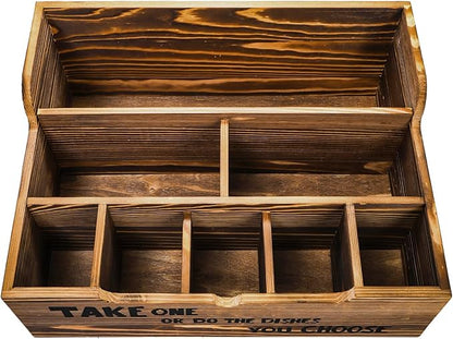 Frcctre Paper Plate Organizer for Countertop, 8 Compartments Rustic Kitchen Utensil Dispenser Wood Silverware Caddy Organizer for Plates, Cups, Forks, Spoons, Napkins