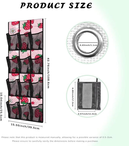 Pink Door Hanging Shoe Organizer Mesh Fabric Over The Door Shoe Organizer for Closet 12 Pockets Strawberry Wall Hanging Storage Space Saving Shoe Holder Hanger
