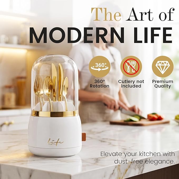 360° Utensil Holder Silverware Organizer with Lid,Kitchen Countertop Flatware Organizer and Countertop Storage(Fits Max 8.7" Utensils),Forks,Spoons Organizer,for RV,Party,Coffee Bar,picnic