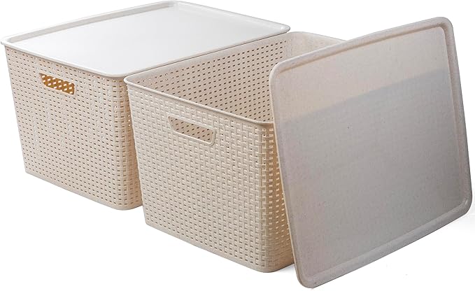 BINO | Plastic Storage Baskets with Lids, 45 Liter - 3 Pack, Natural | THE WOVEN COLLECTION | Storage Basket for Shelves | Woven Storage Baskets for Organizing Bins | Pantry Shelf Organizer Bin