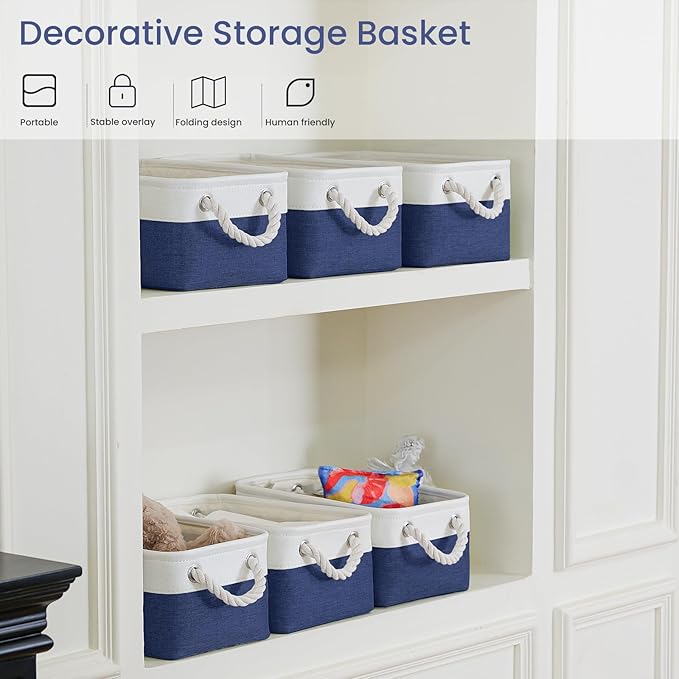 Storage Baskets for Shelves 11.8x7.9x5.2 Inch, Foldable Fabric Storage Bins with Handles, Small Storage Baskets for Organizing Closet, Office, Home Organization (6-Pack, White&Blue)