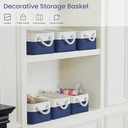 Storage Baskets for Shelves 11.8x7.9x5.2 Inch, Foldable Fabric Storage Bins with Handles, Small Storage Baskets for Organizing Closet, Office, Home Organization (6-Pack, White&Blue)