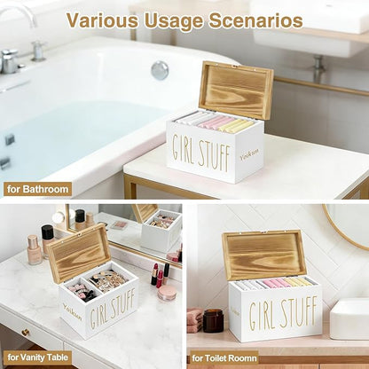 Tampon Holder for Bathroom with Hinged Lid, Modern Farmhouse Feminine Product Organizer, Decorative Storage Box for Pads & Period Essentials, Toilet Tank or Countertop (White)