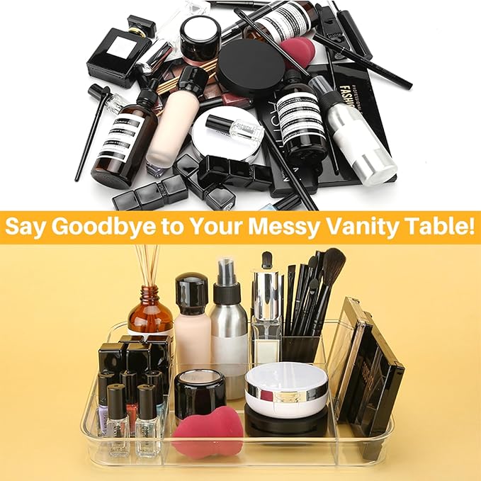 SUNFICON Makeup Tray Organizer Cosmetic Display Case Office Stationery Storage Holder Countertop Storage Unit Makeup Box for Bathroom Drawers,Vanities Office Desk,Washable Crystal Clear Acrylic