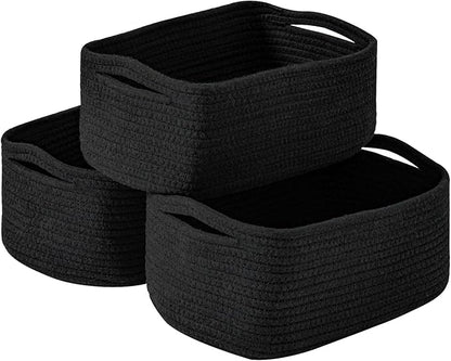 ICERZCZ Small Black Baskets for Organizing, Storage Baskets for Shelves, Small Woven Cotton Rope Basket for Storage, Basket for Gifts Empty, 13"×8.5"×5.1" (3 Packs) Black