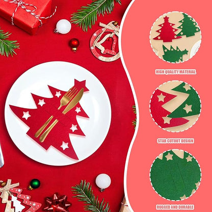 Christmas Cutlery Holder, 24 Pcs Green Red Christmas Tree Silverware Holder Pockets, Xmas Utensil Bag Spoon Knife Fork Bags Xmas Party Dinner Table Decorations Supplies
