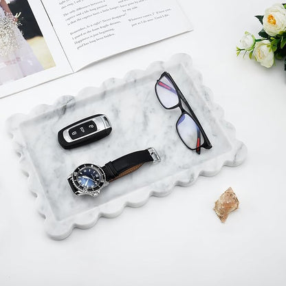 Real Natural Scalloped Marble Tray for Bathroom, Vanity, Kitchen and Desktop, Decorative Stone Tray for Jewelry, Cosmetics, Candles, Lotion, Perfume and Home Decor (12" L x 8" W)