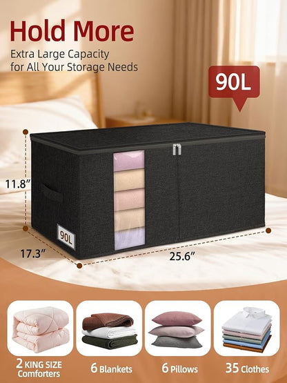 90L King Size Comforter Storage Bag w/Rigid Panels, Large Blanket Organizer for Closet, Stackable & Foldable Container w/Clear Window & Smooth Zippers for Bedding Sets/Clothes, 2 Pack, Black