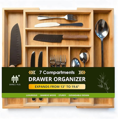 Premium bamboo kitchen drawer organizer, perfect for storing cutlery, silverware, and gadgets. Suitable for kitchens, living rooms, and bedrooms. 5-7 compartments, 13 to 19.6 inches wide.