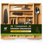 Premium bamboo kitchen drawer organizer, perfect for storing cutlery, silverware, and gadgets. Suitable for kitchens, living rooms, and bedrooms. 5-7 compartments, 13 to 19.6 inches wide.