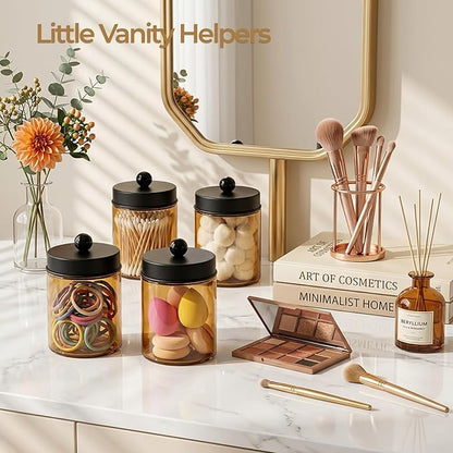 Amolliar 2Pc Glass Qtip Dispenser Holder Bathroom Vanity Storage Organizer Set -Countertop Canister with Metal Lids &Stickers Apothecary Jars for Cotton Swab, Floss Picks(Amber-black Lid)