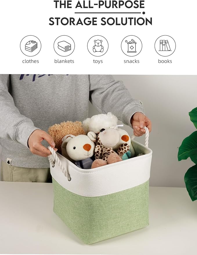 Temary 11 Inch Cube Storage Bins - 6 Pack Foldable Fabric Storage Baskets with Soft Rope Handles, Sturdy Organizer Cubes with Metal Frame for Shelves, Closet, Office & Home Organization (White&Green)