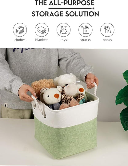Temary 11 Inch Cube Storage Bins - 6 Pack Foldable Fabric Storage Baskets with Soft Rope Handles, Sturdy Organizer Cubes with Metal Frame for Shelves, Closet, Office & Home Organization (White&Green)