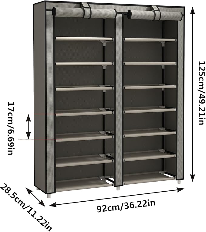JIUYOTREE Double Row Shoe Rack Storage Organizer with Big Capacity,7-Tier Shoe Cabinet,Shelf,Closet with Nonwoven Fabric Cover for 28 Pairs of Shoes,Grey