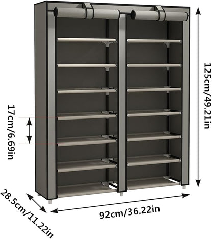JIUYOTREE Double Row Shoe Rack Storage Organizer with Big Capacity,7-Tier Shoe Cabinet,Shelf,Closet with Nonwoven Fabric Cover for 28 Pairs of Shoes,Grey