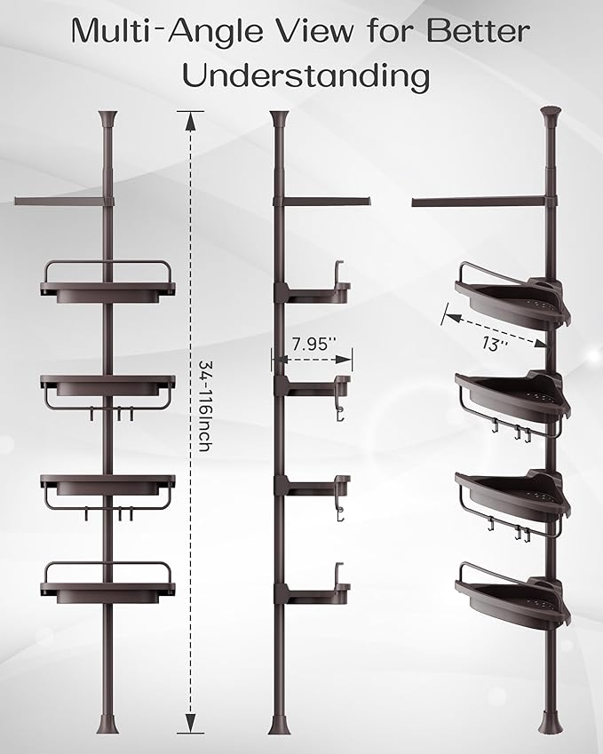 ALLZONE Corner Shower Caddy Tension Pole, Extendable Rustproof Stainless Steel Pole & 4-Tier Adjustable Shelves for Easy Drainage and Built-to-Last Stability, 34 to 116 Inches, Brown