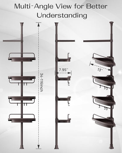 ALLZONE Corner Shower Caddy Tension Pole, Extendable Rustproof Stainless Steel Pole & 4-Tier Adjustable Shelves for Easy Drainage and Built-to-Last Stability, 34 to 116 Inches, Brown