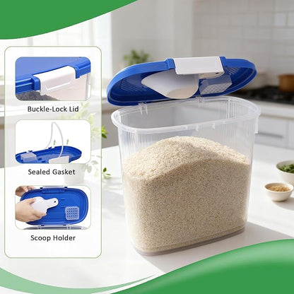 Large Rice Storage Container 30 Lbs with Wheel - Airtight Flour Food Container 15 Lbs with Lid, Scoop, Cup - Plastic Food Storage Bin for Cereal, Sugar, Beans, Dog, Cat, Pet Foods